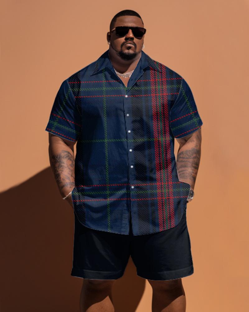 Men's Plus Size Classic England Plaid Short Sleeve Shirt Shorts Set