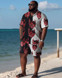 Men's Plus Size Hawaiian Color Block Devil Shirt Shorts Two Piece Set