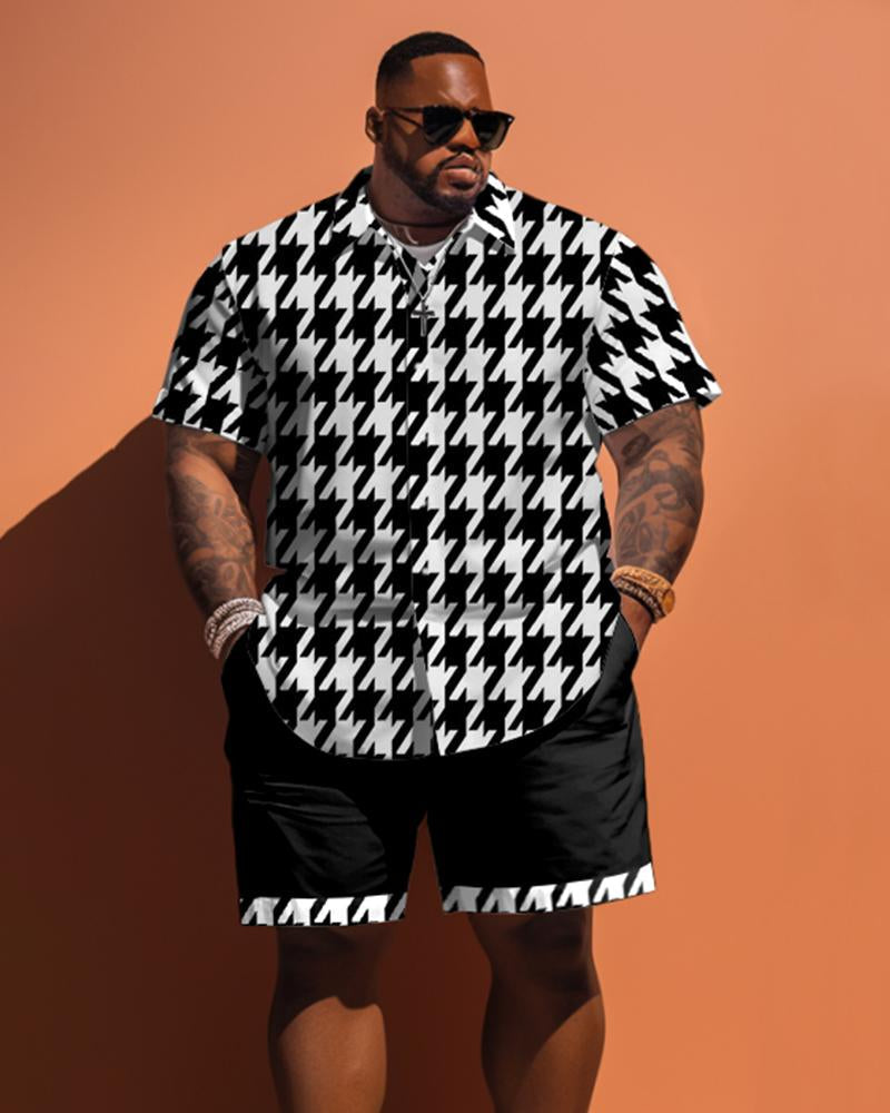 Men's Plus Size Classic Houndstooth Pattern Short Sleeve Shirt Shorts Set