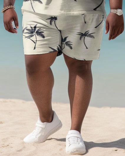 Men's Large Size Hawaiian Colorblock Coconut and Apricot Shirt and Shorts Two-piece Set