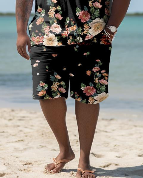 Men's Plus Size Hawaiian Art Floral Shirt And Shorts Two-Piece Set