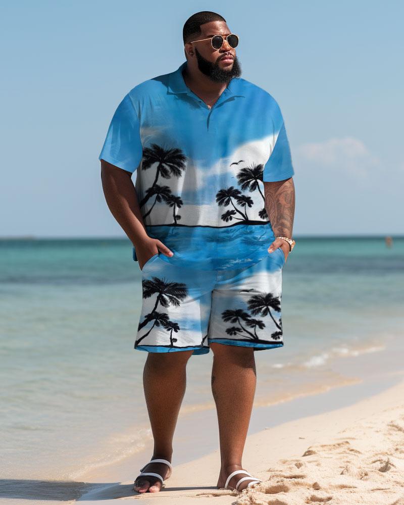 Men's Large Size Hawaiian Blue Sky and White Clouds Coconut Tree Shirt and Shorts Two-piece Set