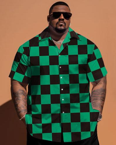 Men's Plus Size Green Plaid Print Short Sleeve Shirt Shorts Set