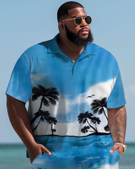 Men's Large Size Hawaiian Blue Sky and White Clouds Coconut Tree Shirt and Shorts Two-piece Set