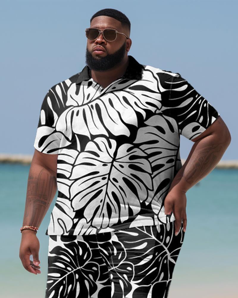 Hawaiian Leaf Black And White Shirt And Shorts Two-piece Men's Plus Size Set