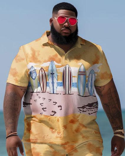 Men's Plus Size Hawaiian Color Block Boat Shirt and Shorts Two Piece Set