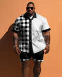 Men's Large Size Simple Stitching Black And White Plaid Short Sleeve Shirt Shorts Set