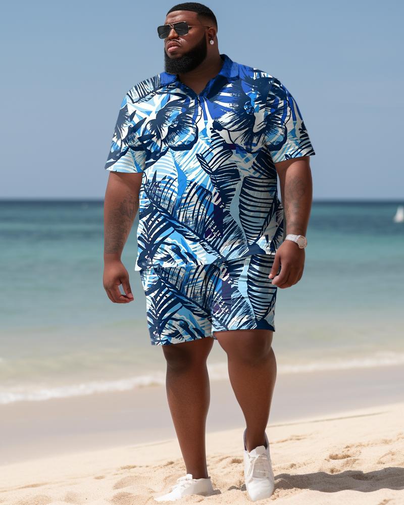 Hawaiian Leaves Colorblock Shirt And Shorts Two-piece Men's Plus Size Set