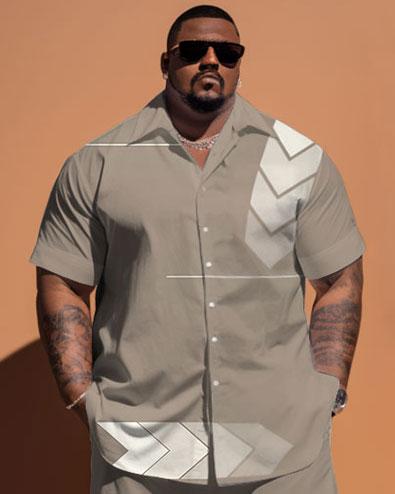 Men's Plus Size Simple Geometric Short-Sleeved Shirt And Shorts Set