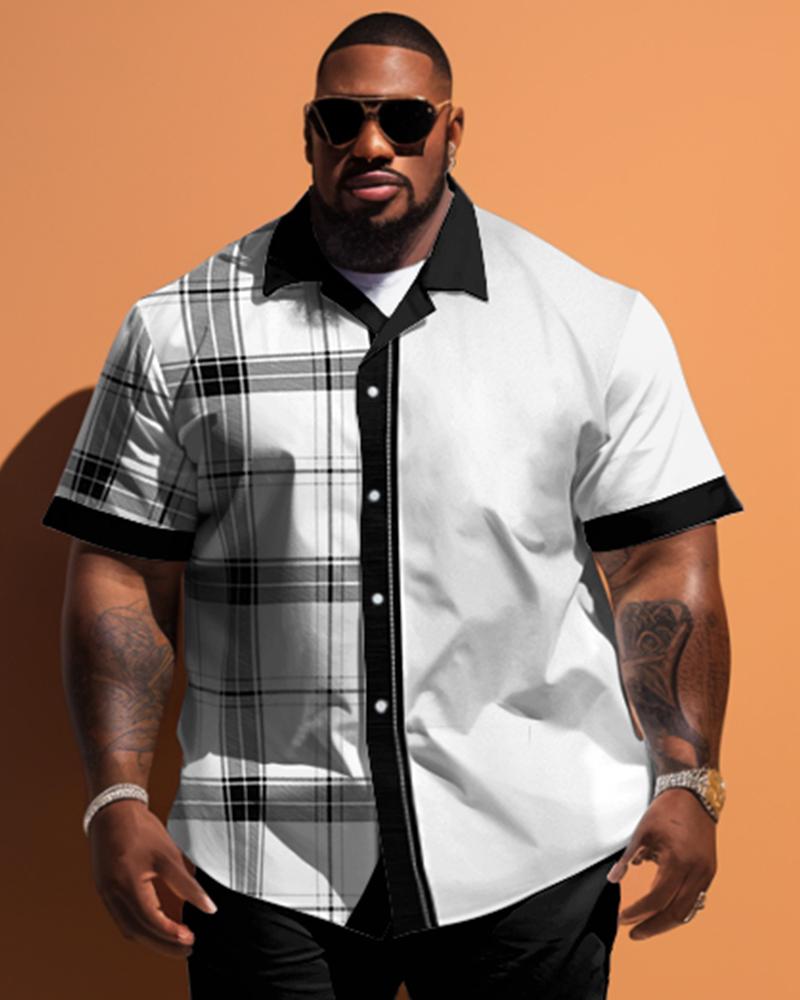 Men's Large Size Stitching Simple Plaid Pattern Short Sleeve Shirt Shorts Set