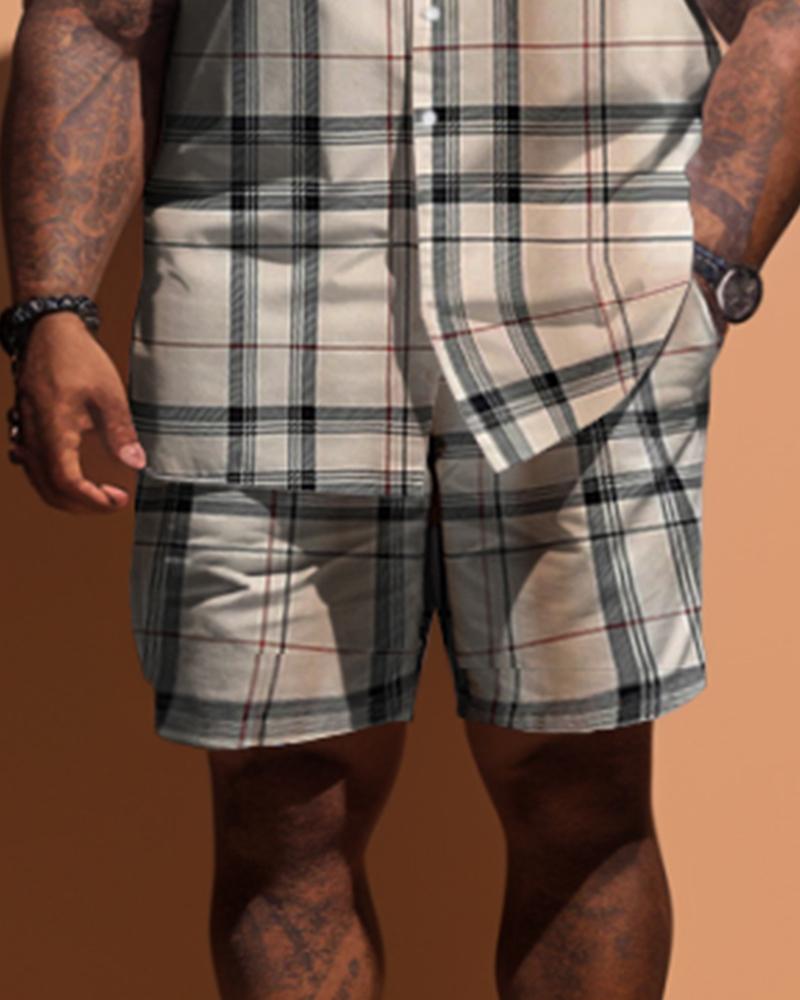 Men's Plus Size Classic Khaki Plaid Short Sleeve Shirt Shorts Set