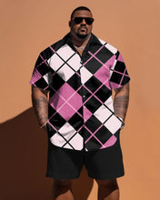 Load image into Gallery viewer, Men&#39;s Large Size Diamond Pink Contrast Plaid Short Sleeve Shirt Shorts Set