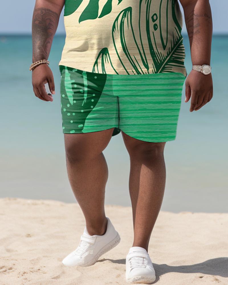 Men's Plus Size Hawaiian Art Coconut Color Block Shirt And Shorts Two-Piece Set