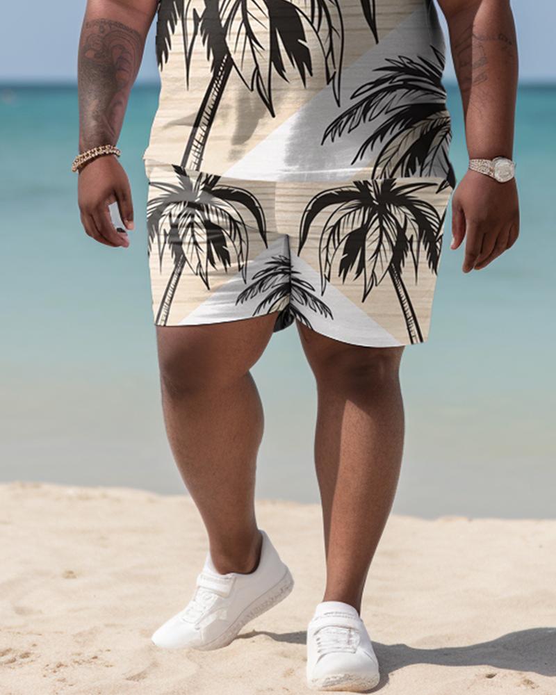 Men's Plus Size Hawaiian Art Coconut Color Block Shirt And Shorts Two-Piece Set