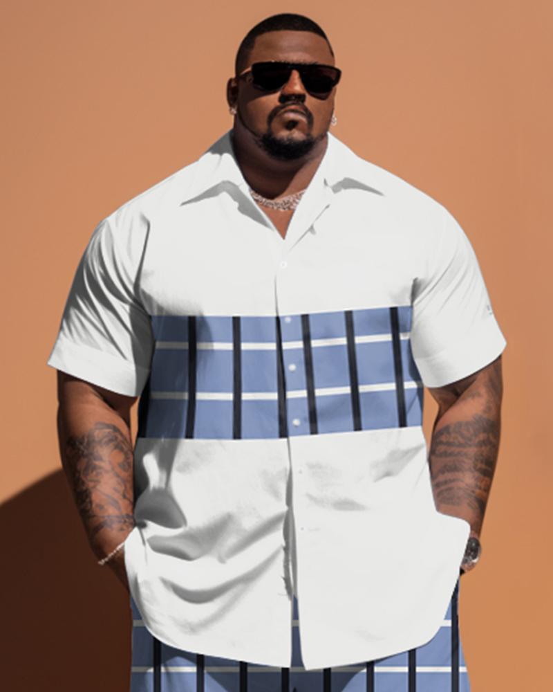 Men's Plus Size Simple Patchwork Plaid Short-Sleeved Shirt And Shorts Set