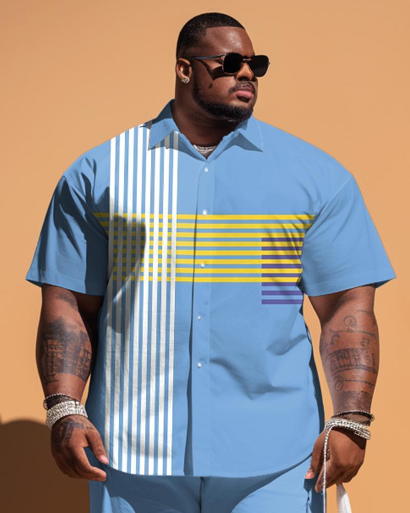 Men's Plus Size Simple Striped Short Sleeve Shirt And Shorts Set