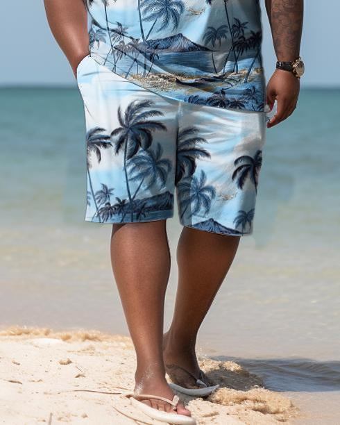 Men's Large Size Seaside Coconut Hawaiian Shirt And Shorts Two-Piece Set