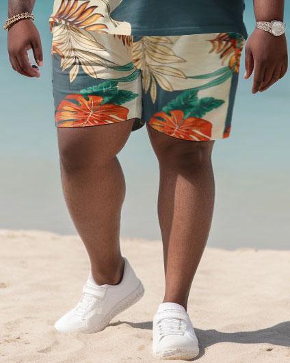 Men's Plus Size Hawaiian Color Block Maple Leaf and Apricot Shirt and Shorts Two-piece Set