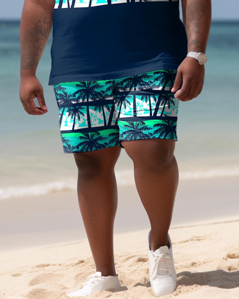 Men's Plus Size Hawaiian Art Coconut Color Block Shirt And Shorts Two-Piece Set