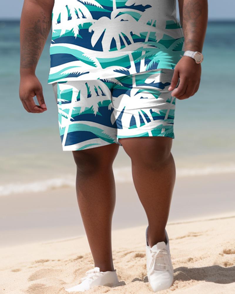 Hawaiian Coconut Colorblock Shirt And Shorts Two-Piece Men's Plus Size Set