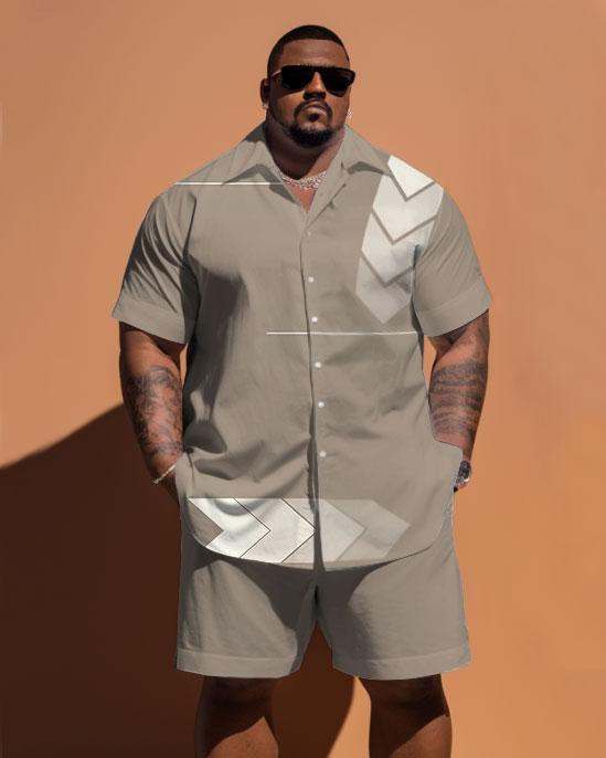 Men's Plus Size Simple Geometric Short-Sleeved Shirt And Shorts Set