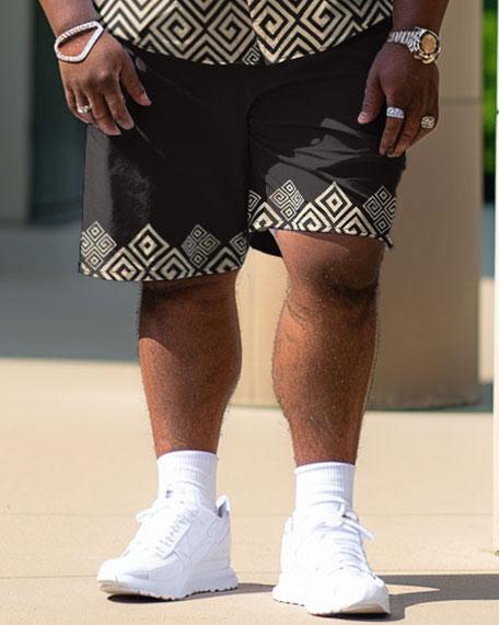 Men's Plus Size Casual Geometric Printed Black Short Shirt Shorts Suit Short Shirt Shorts Suit