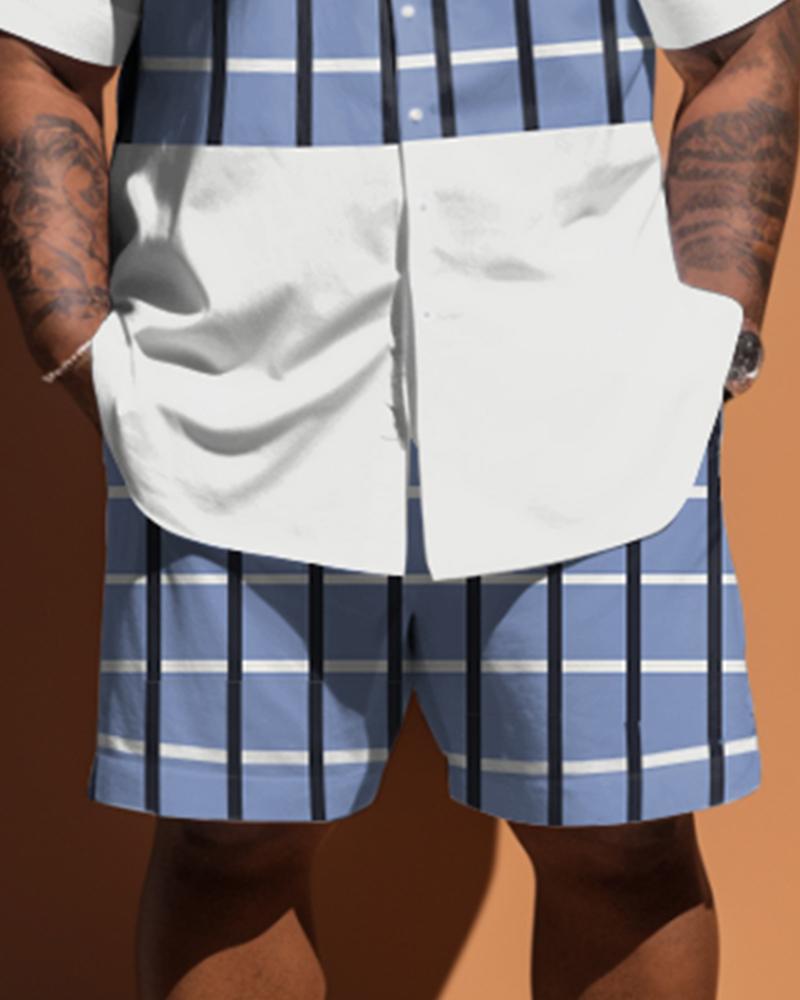 Men's Plus Size Simple Patchwork Plaid Short-Sleeved Shirt And Shorts Set