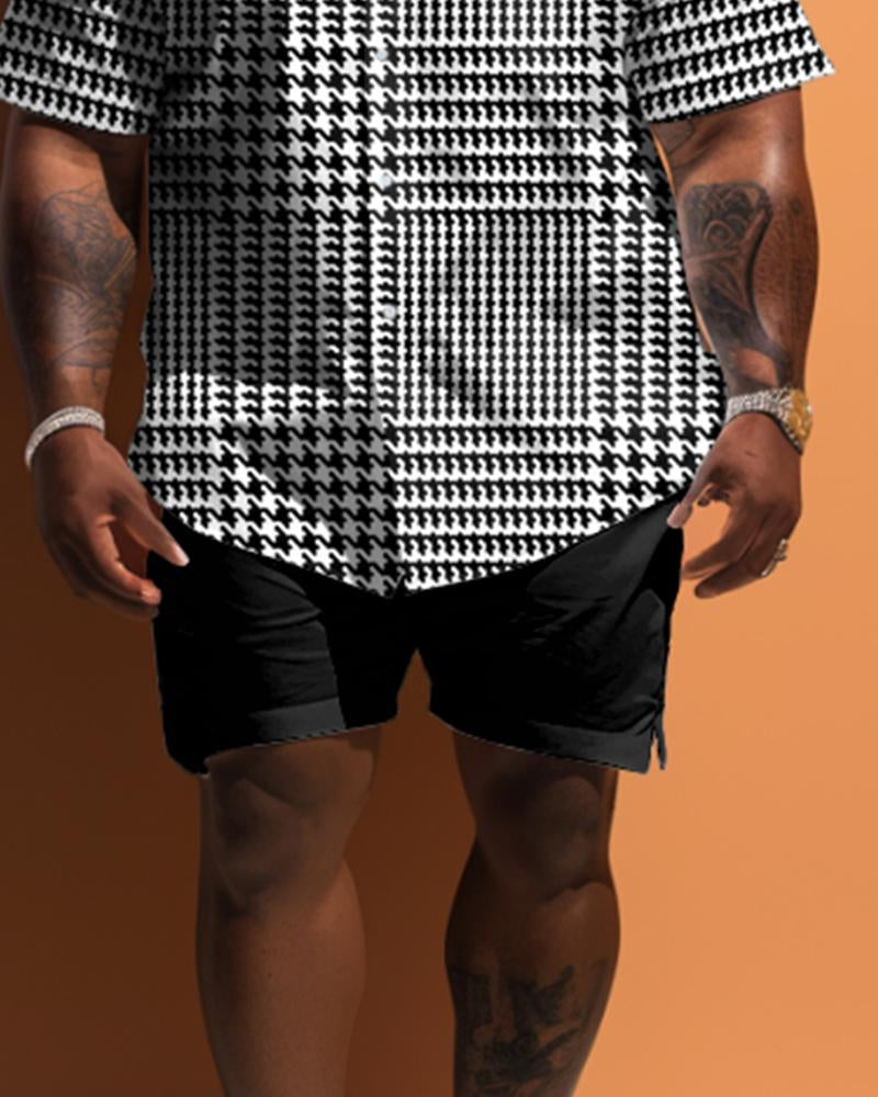 Men's Plus Size Simple Plaid Short Sleeve Shirt And Shorts Set