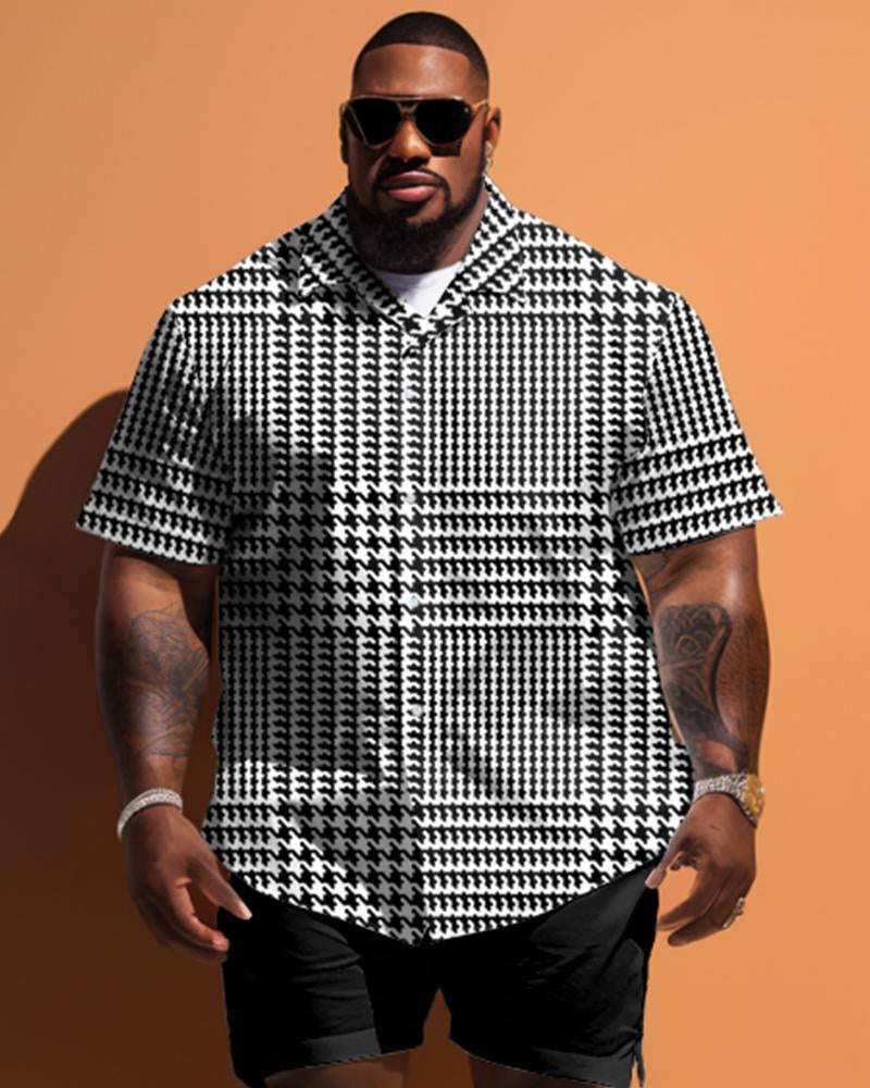 Men's Plus Size Simple Plaid Short Sleeve Shirt And Shorts Set