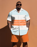 Men's Plus Size Color Contrast Striped Patchwork Short Sleeve Shirt Shorts Set