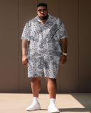 Men's Large Size Casual Retro Pattern Color Matching Street Short Shirt Shorts Suit