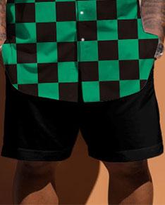 Men's Plus Size Green Plaid Print Short Sleeve Shirt Shorts Set