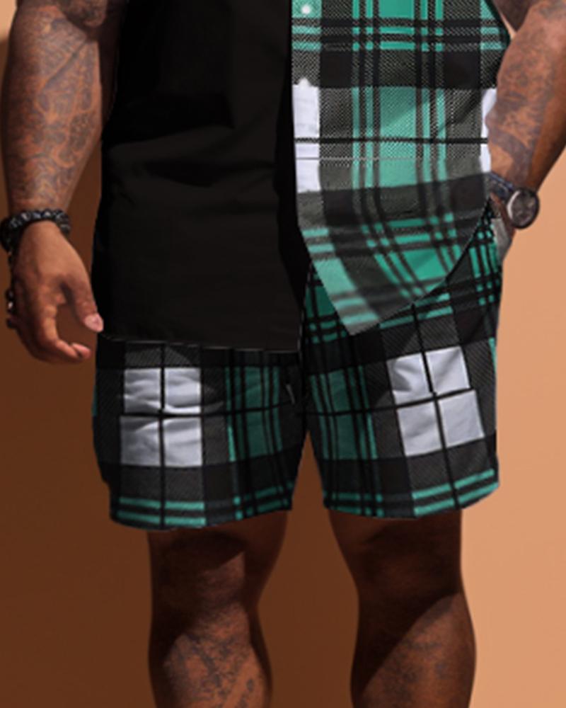 Men's Plus Size Simple Plaid Pattern Stitching Short Sleeve Shirt Shorts Set