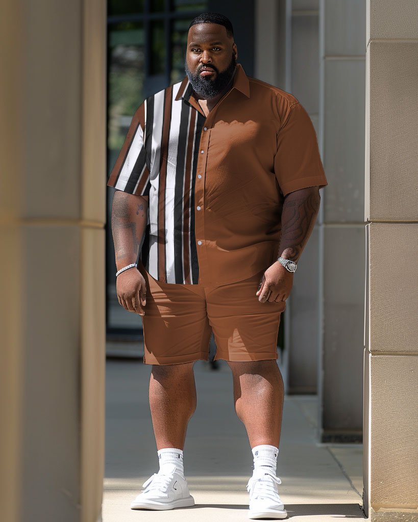 Men's Plus Size Vertical Stripe Printed Short Shirt Shorts Suit