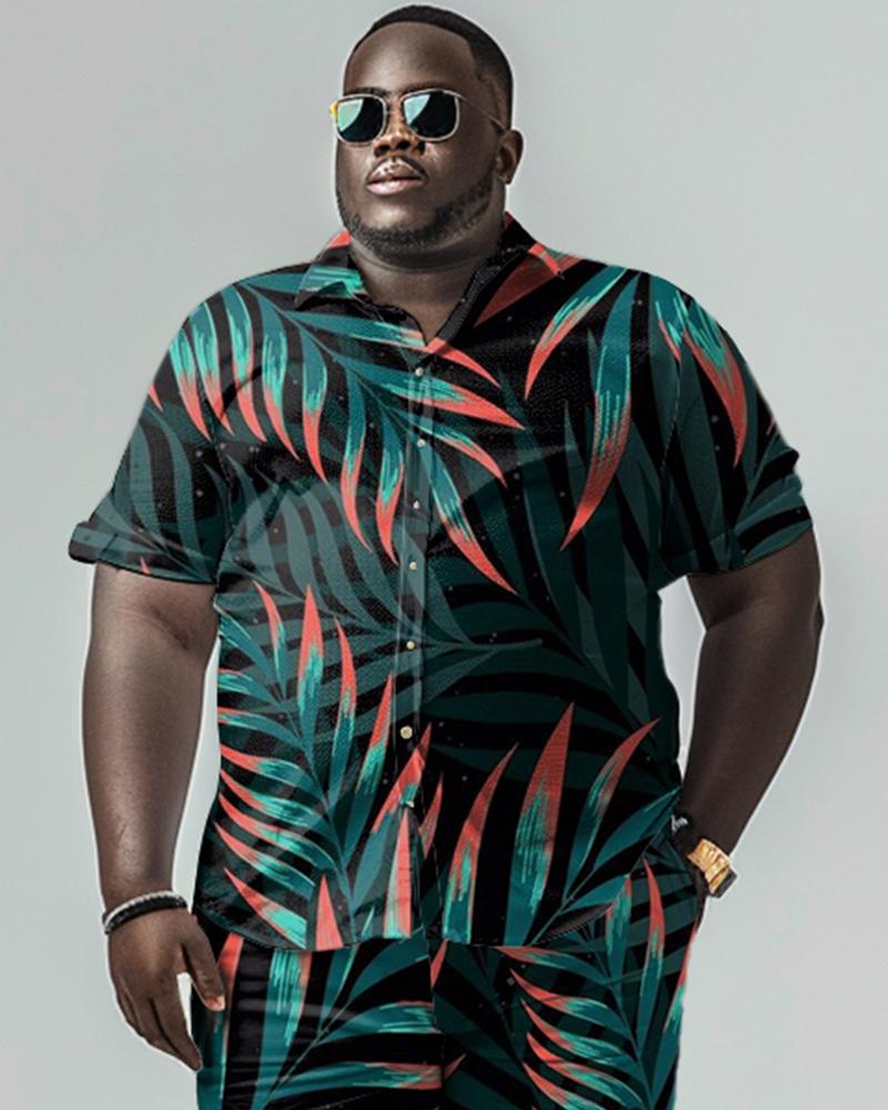 Men's Plus Size Leaf Pattern Short Sleeve Shirt Shorts Set