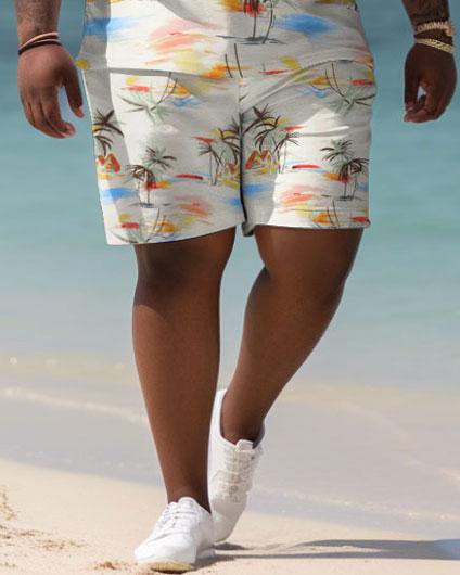 Men's Plus Size Hawaiian Color Block Coconut Shirt Shorts Two Piece Set