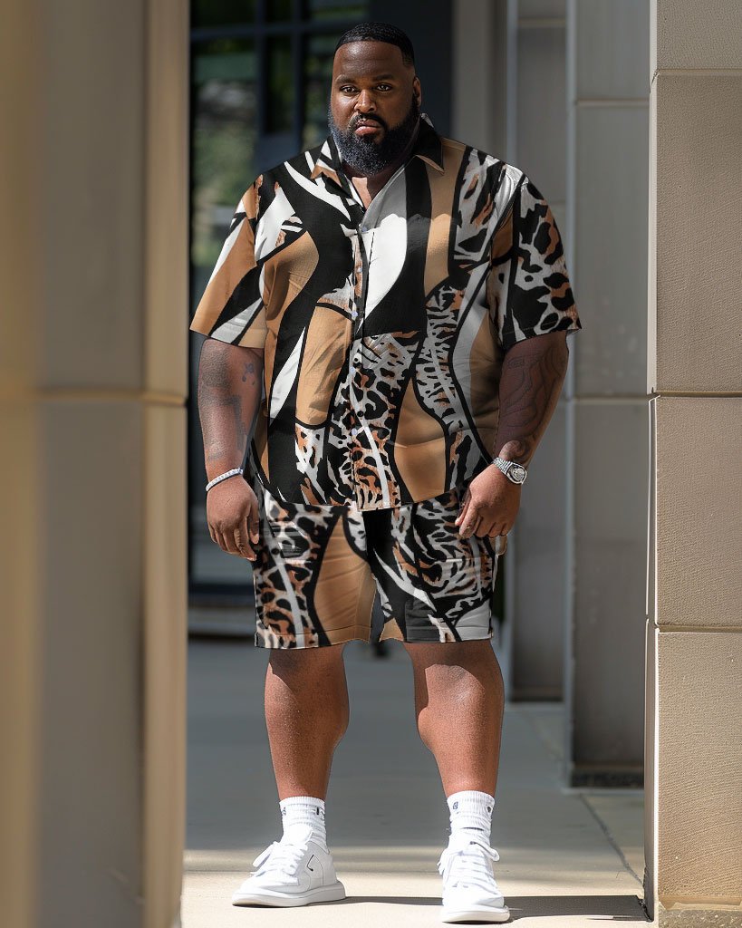 Men's Plus Size Irregular Leopard Print Short Shirt Shorts Suit