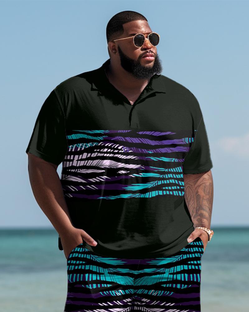 Hawaiian Leaf Striped Shirt And Shorts Two-Piece Men's Plus Size Set