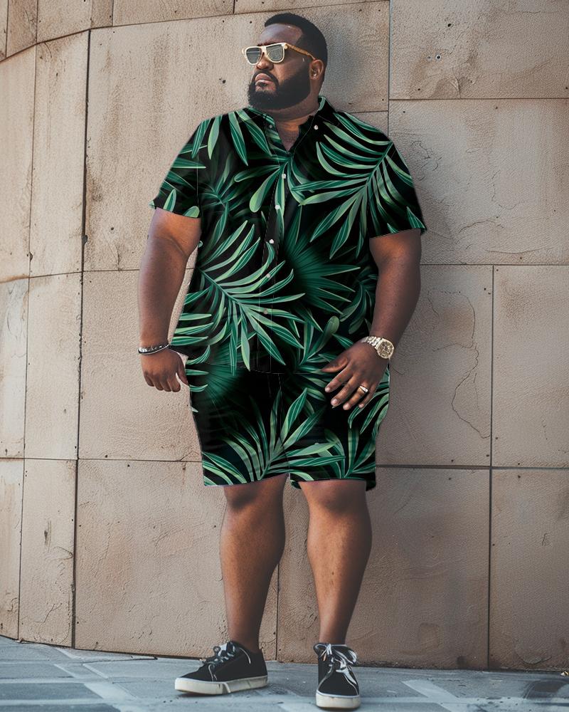 Men's Plus Size Leaf Pattern Short Sleeve Shirt Shorts Set