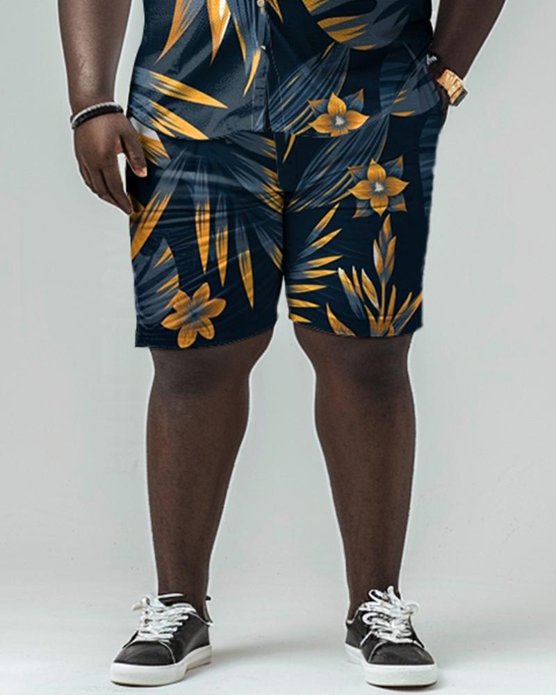 Men's Plus Size Leaf Pattern Short Sleeve Shirt Shorts Set