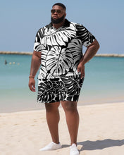 Load image into Gallery viewer, Hawaiian Leaf Black And White Shirt And Shorts Two-piece Men&#39;s Plus Size Set