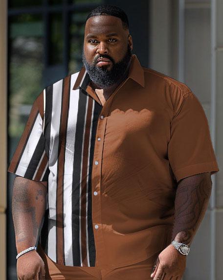 Men's Plus Size Vertical Stripe Printed Short Shirt Shorts Suit