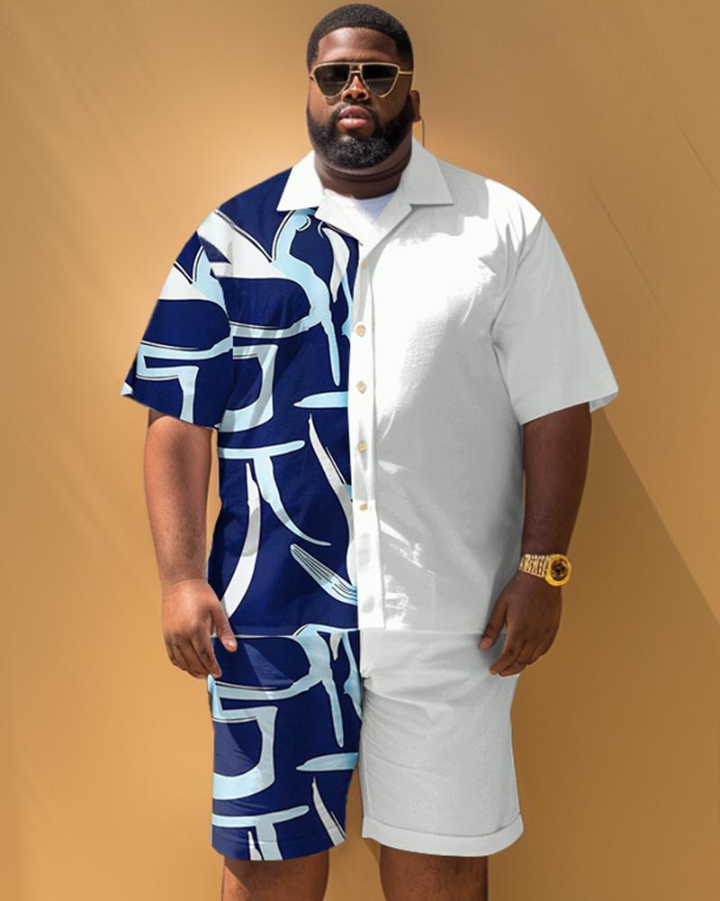 Men's Plus Size Simple Geometric Contrast Short Sleeve Shirt And Shorts Set