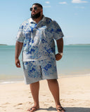 Men's Plus Size Hawaiian Art Wave Color Block Shirt And Shorts Two-Piece Set