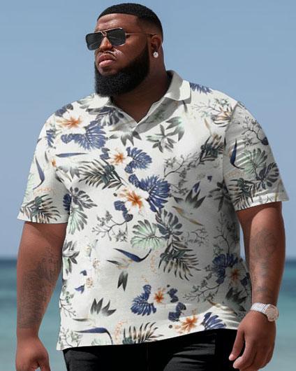 Men's Large Size Hawaiian Pattern Color Block Shirt and Shorts Two-piece Set