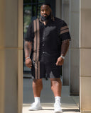 Men's Plus Size Contrast Color Striped & Checkerboard Splice Short Shirt Shorts Suit