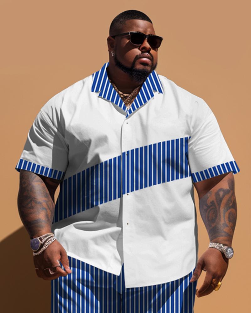 Men's Plus Size Striped Patchwork Short Sleeve Shirt Shorts Set