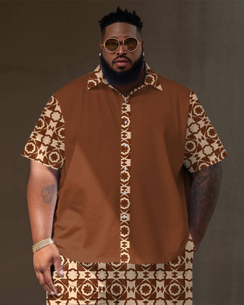 Men's Plus Size Geometric Pattern Short Sleeve Shirt And Shorts Set