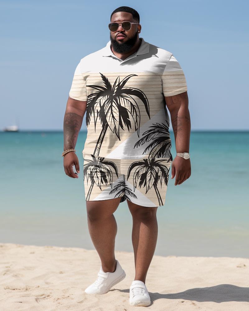 Men's Plus Size Hawaiian Art Coconut Color Block Shirt And Shorts Two-Piece Set