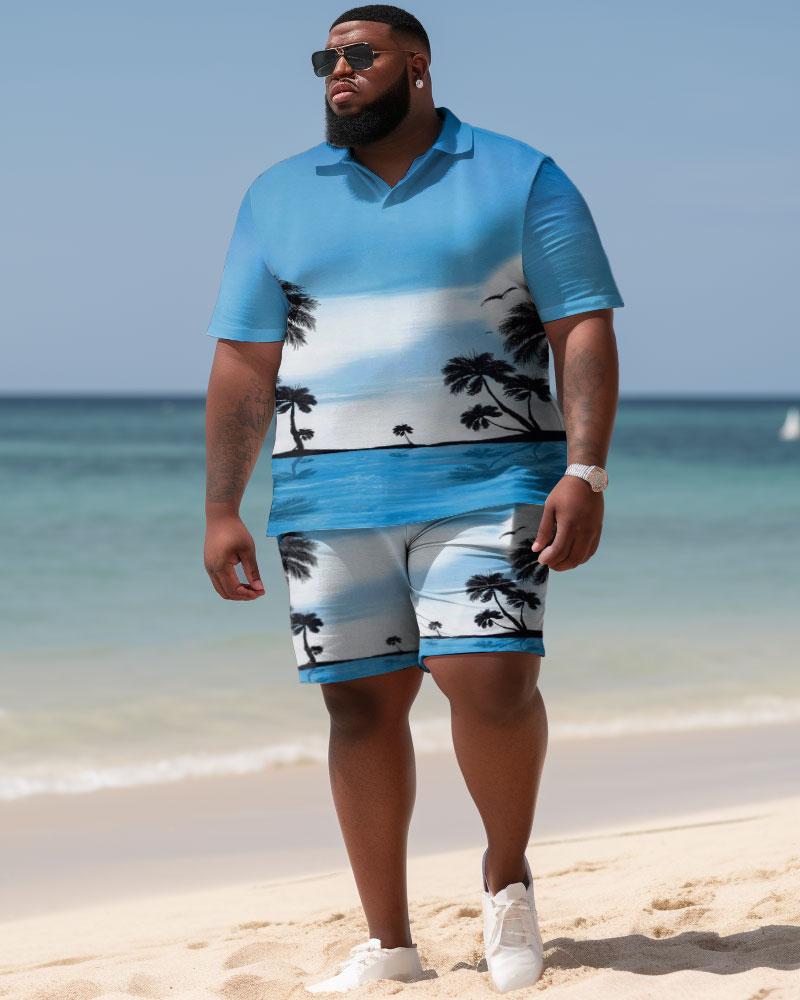 Men's Large Size Hawaiian Color Block Blue Sky Coconut Shirt Shorts Two Piece Set